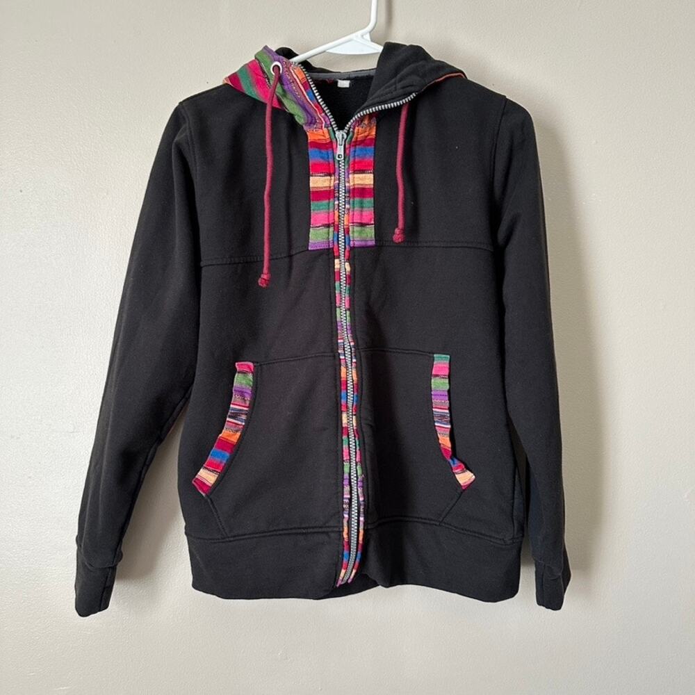 Unisex Ethnic Hooded Nepal Jacket Ethnic Jacket Zip Front Black SMALL
